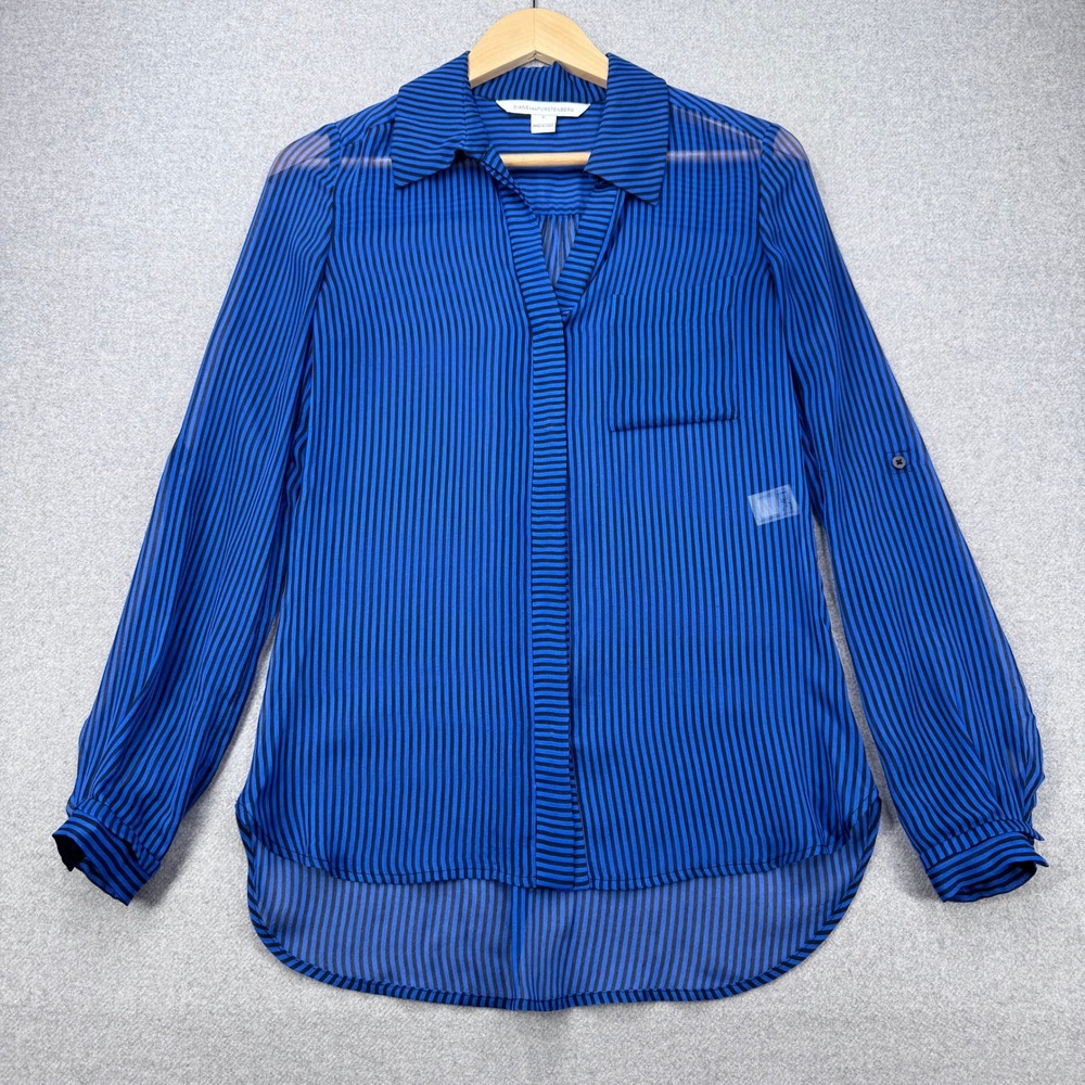 Diane‎ Von Furstenberg Blue Black Stripe Sheer Silk Blouse Top Shirt Size 0
